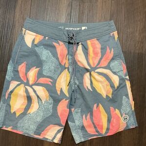Surfcuz Board Shorts Mens 32 Grey Pink Tropical Leaf Print Swim Trunks Excellent